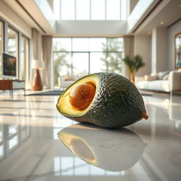 A striking image of a feminine avocado lying on the polished floor inside a luxurious modern house, showcasing sleek furniture and an open, airy ambiance