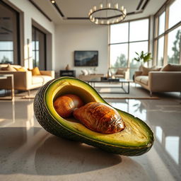 A striking image of a feminine avocado lying on the polished floor inside a luxurious modern house, showcasing sleek furniture and an open, airy ambiance