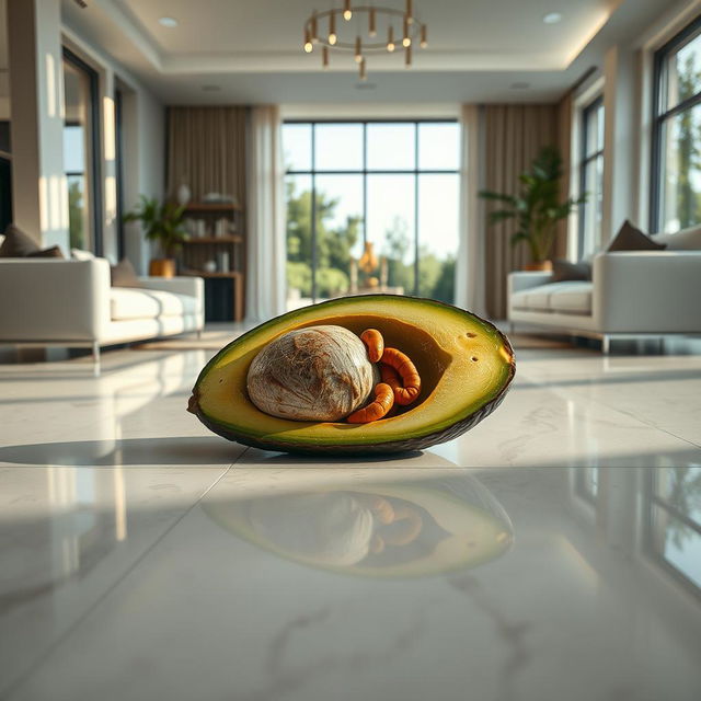 A striking image of a feminine avocado lying on the polished floor inside a luxurious modern house, showcasing sleek furniture and an open, airy ambiance