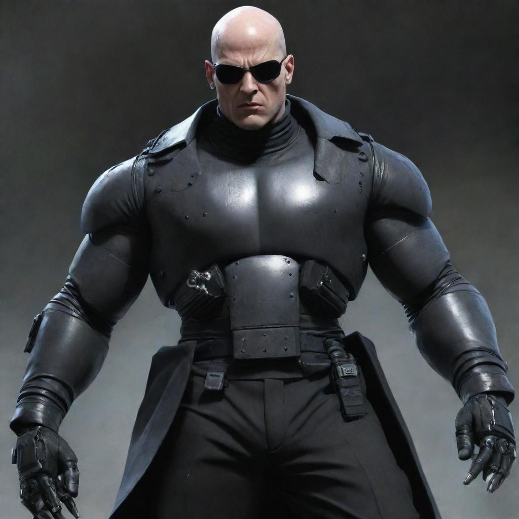 A menacing depiction of a bald villain with a half-robotic body, armed with a machine gun and a tank cannon. Despite being a cyborg, he's wearing stylish mafia clothes, creating a striking dichotomy.