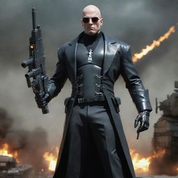 A menacing depiction of a bald villain with a half-robotic body, armed with a machine gun and a tank cannon. Despite being a cyborg, he's wearing stylish mafia clothes, creating a striking dichotomy.