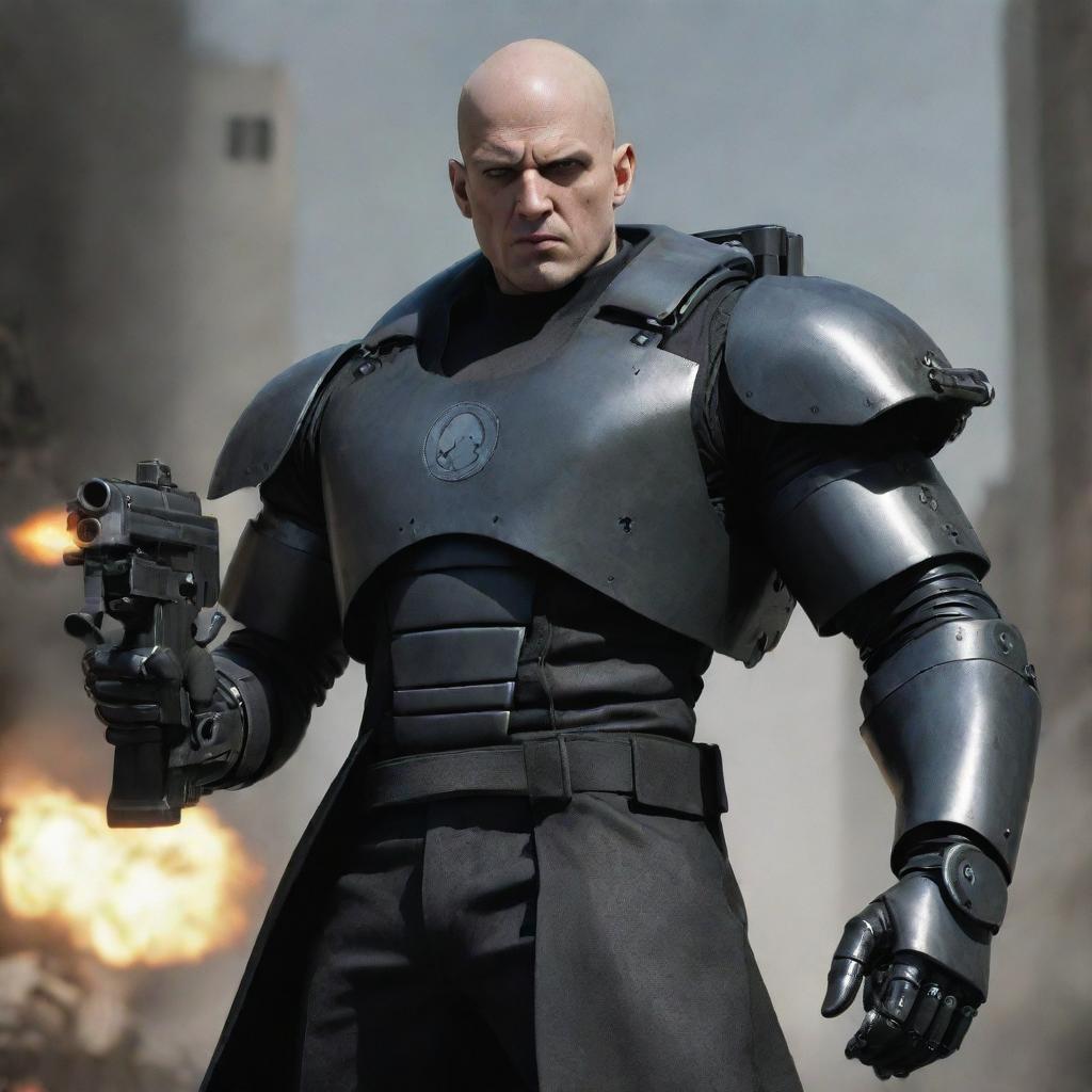 A menacing depiction of a bald villain with a half-robotic body, armed with a machine gun and a tank cannon. Despite being a cyborg, he's wearing stylish mafia clothes, creating a striking dichotomy.