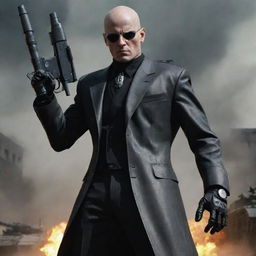 A menacing depiction of a bald villain with a half-robotic body, armed with a machine gun and a tank cannon. Despite being a cyborg, he's wearing stylish mafia clothes, creating a striking dichotomy.