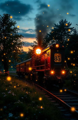 A whimsical and enchanting scene featuring a train surrounded by fireflies at twilight