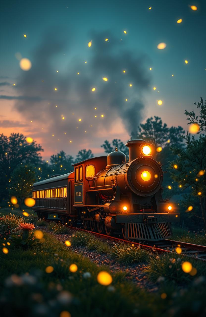 A whimsical and enchanting scene featuring a train surrounded by fireflies at twilight