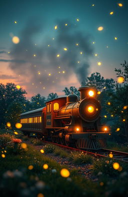 A whimsical and enchanting scene featuring a train surrounded by fireflies at twilight