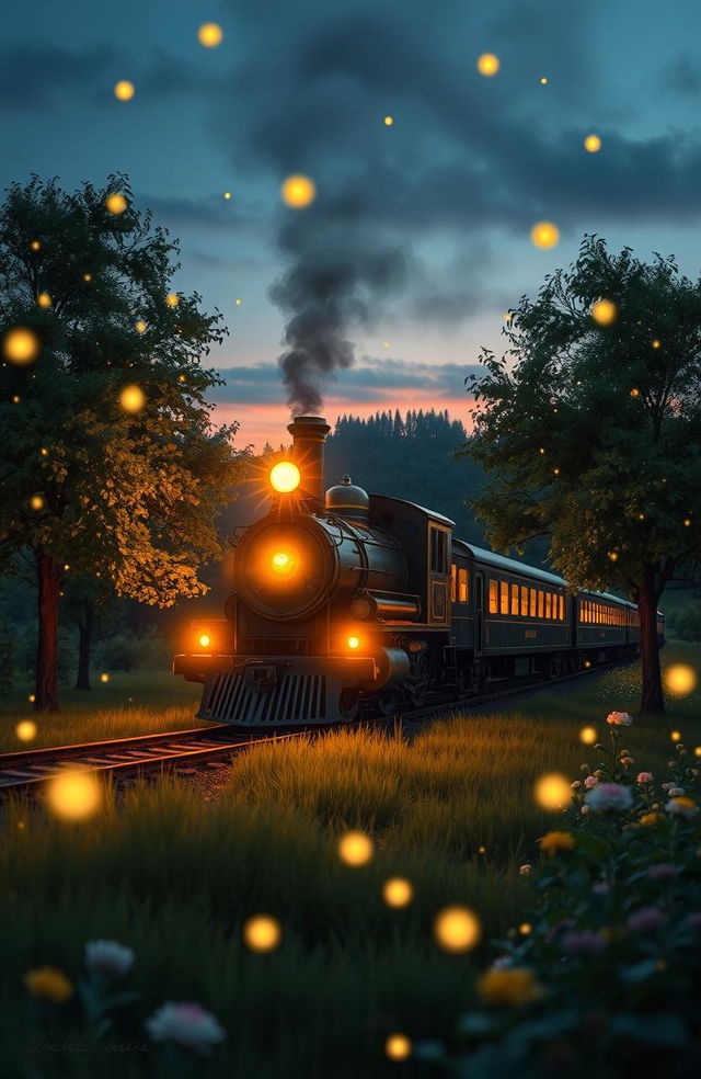 A whimsical and enchanting scene featuring a train surrounded by fireflies at twilight