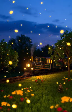 A whimsical and enchanting scene featuring a train surrounded by fireflies at twilight