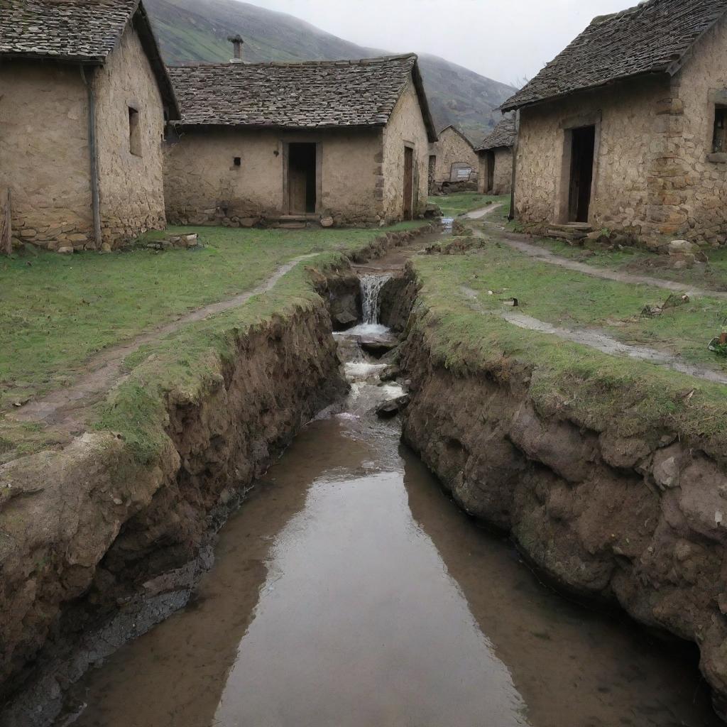 A dramatic shift in the rustic village as water inexplicably begins to spring up from beneath the earth, causing astonishment and panic.