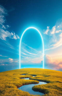 A stunning fantasy landscape featuring a large, glowing arch in the center