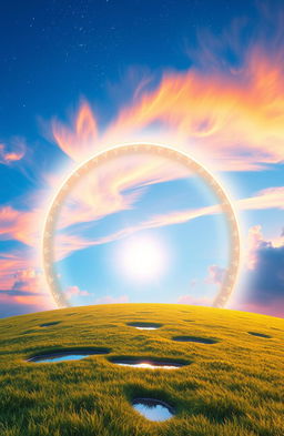 A stunning fantasy landscape featuring a large, glowing arch in the center