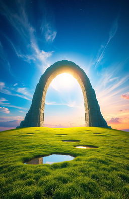 A stunning fantasy landscape featuring a large, glowing arch in the center