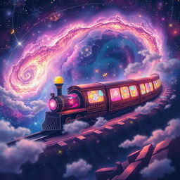 A vibrant, enchanting scene featuring a whimsical firefly train traversing through a stunning galaxy landscape