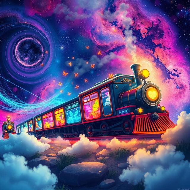 A vibrant, enchanting scene featuring a whimsical firefly train traversing through a stunning galaxy landscape