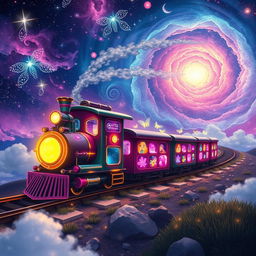 A vibrant, enchanting scene featuring a whimsical firefly train traversing through a stunning galaxy landscape