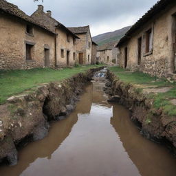 A dramatic shift in the rustic village as water inexplicably begins to spring up from beneath the earth, causing astonishment and panic.