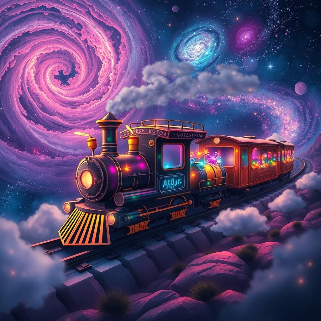 A vibrant, enchanting scene featuring a whimsical firefly train traversing through a stunning galaxy landscape