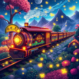 A vibrant and dynamic scene featuring a firefly train traveling through a fantastical landscape