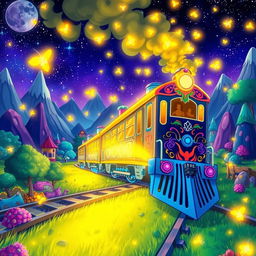 A vibrant and dynamic scene featuring a firefly train traveling through a fantastical landscape