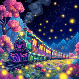 A vibrant and dynamic scene featuring a firefly train traveling through a fantastical landscape