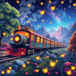 A vibrant and dynamic scene featuring a firefly train traveling through a fantastical landscape