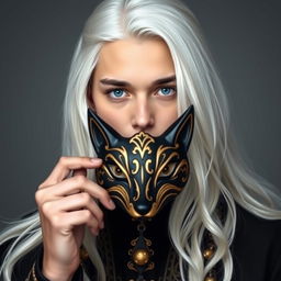 A young man with long, flowing white hair, dressed in black and gold attire, holds an intricately designed black mask in front of his face