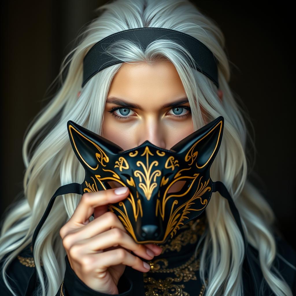 A young man with long, flowing white hair, dressed in black and gold attire, holds an intricately designed black mask in front of his face