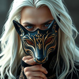 A young man with long, flowing white hair, dressed in black and gold attire, holds an intricately designed black mask in front of his face