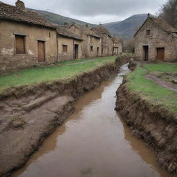 A dramatic shift in the rustic village as water inexplicably begins to spring up from beneath the earth, causing astonishment and panic.