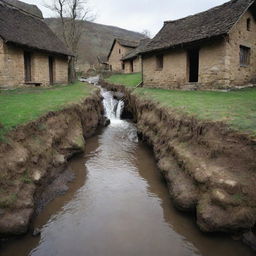 A dramatic shift in the rustic village as water inexplicably begins to spring up from beneath the earth, causing astonishment and panic.