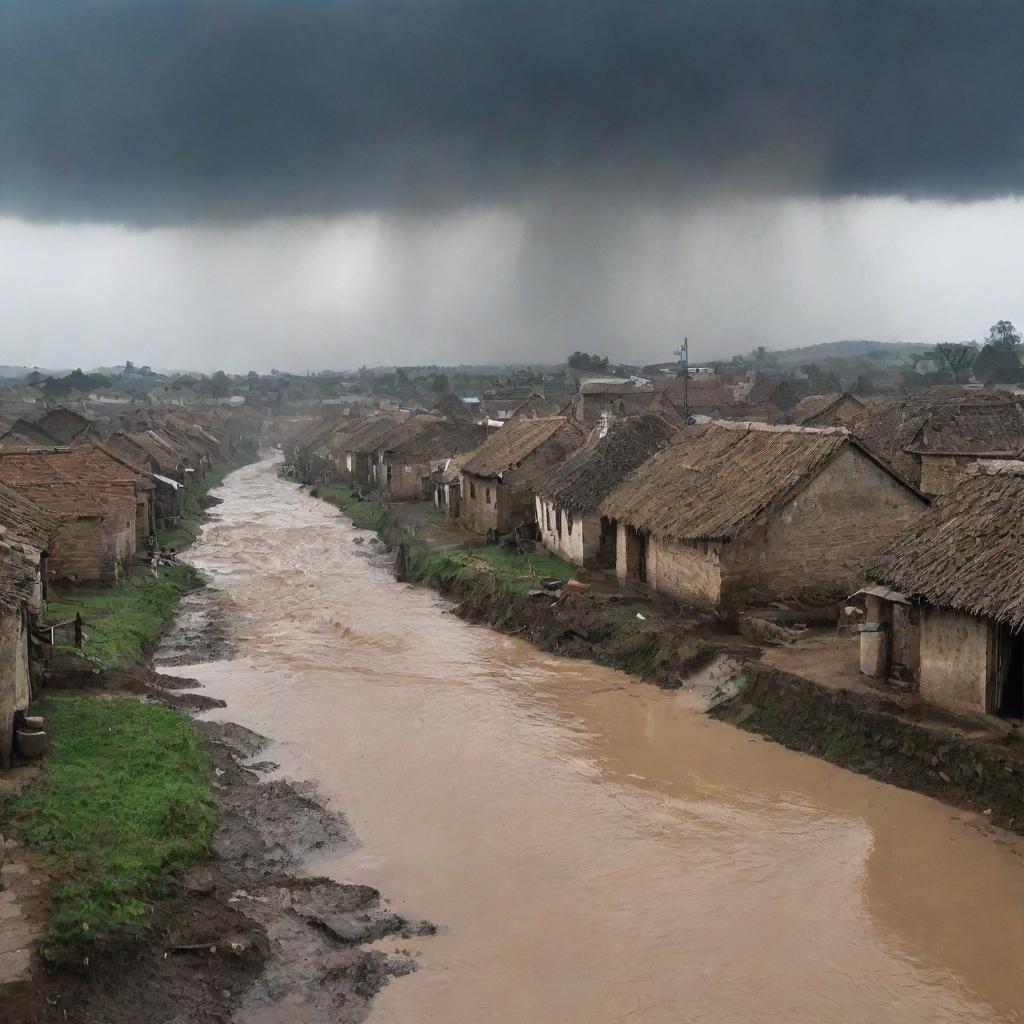 The rustic village now in a state of turmoil, as water jets up from the ground, reaching the unnaturally darkened sky and sparking utter amazement and fear amongst the villagers.