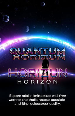 A full-size ebook cover for 'Quantum Horizon', featuring a vast cosmic horizon in the background with elements of warped space, gravitational waves, and floating particles