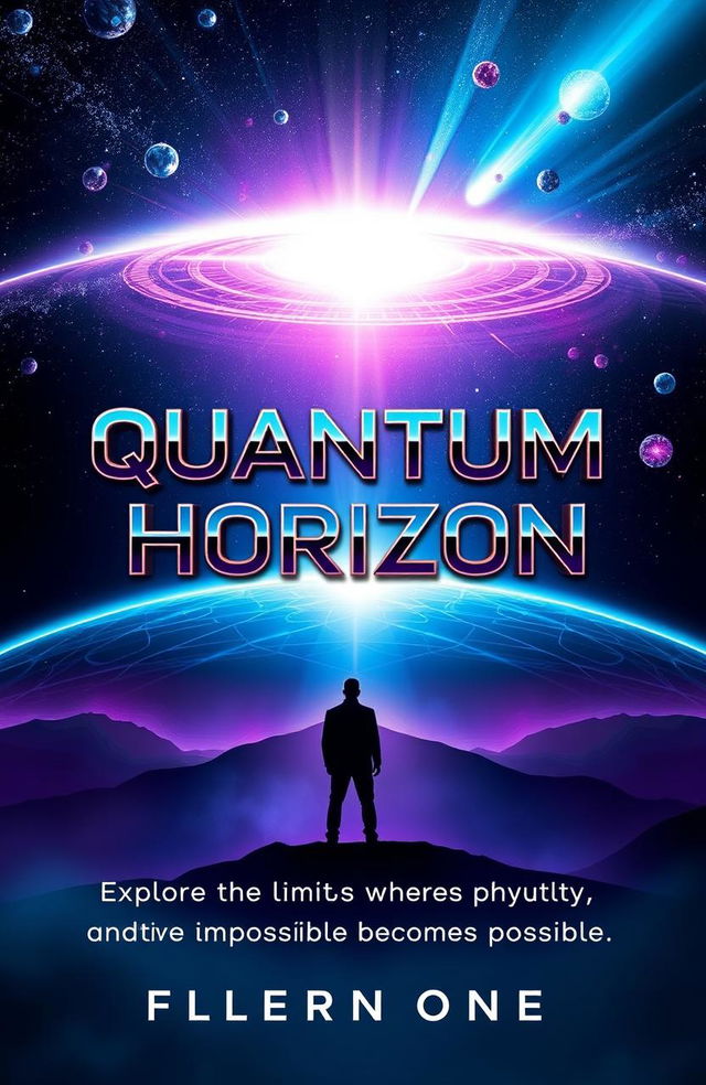 A full-size ebook cover for 'Quantum Horizon', featuring a vast cosmic horizon in the background with elements of warped space, gravitational waves, and floating particles