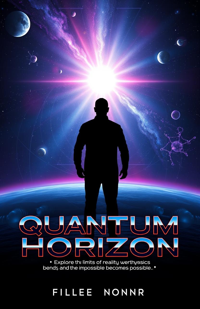 A full-size ebook cover for 'Quantum Horizon', featuring a vast cosmic horizon in the background with elements of warped space, gravitational waves, and floating particles