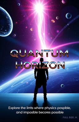 A full-size ebook cover for 'Quantum Horizon', featuring a vast cosmic horizon in the background with elements of warped space, gravitational waves, and floating particles