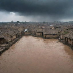 The rustic village now in a state of turmoil, as water jets up from the ground, reaching the unnaturally darkened sky and sparking utter amazement and fear amongst the villagers.