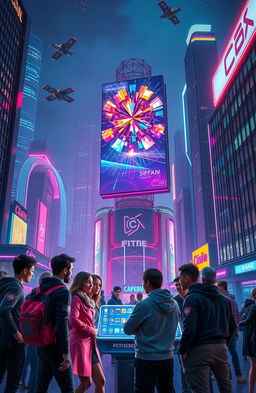 A futuristic cyberpunk cityscape at night, illuminated by vibrant neon lights