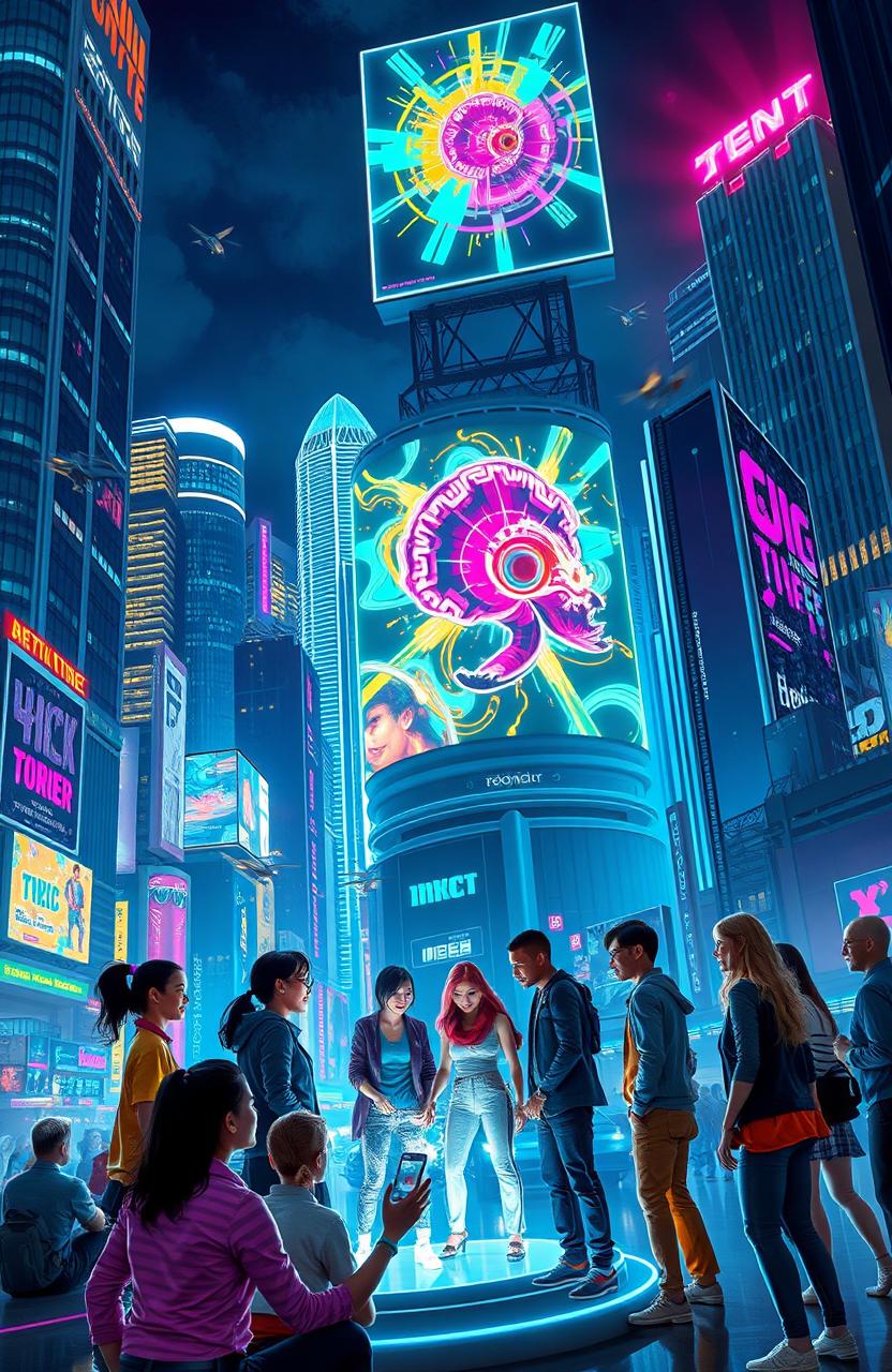 A futuristic cyberpunk cityscape at night, illuminated by vibrant neon lights