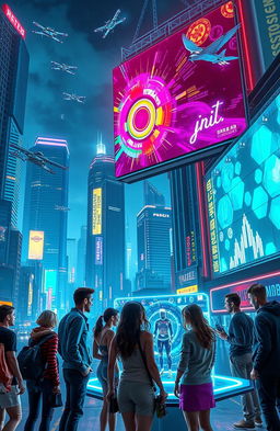 A futuristic cyberpunk cityscape at night, illuminated by vibrant neon lights