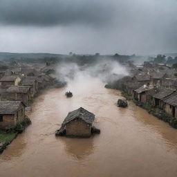 The rustic village now in a state of turmoil, as water jets up from the ground, reaching the unnaturally darkened sky and sparking utter amazement and fear amongst the villagers.