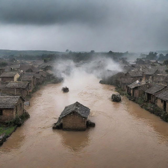 The rustic village now in a state of turmoil, as water jets up from the ground, reaching the unnaturally darkened sky and sparking utter amazement and fear amongst the villagers.