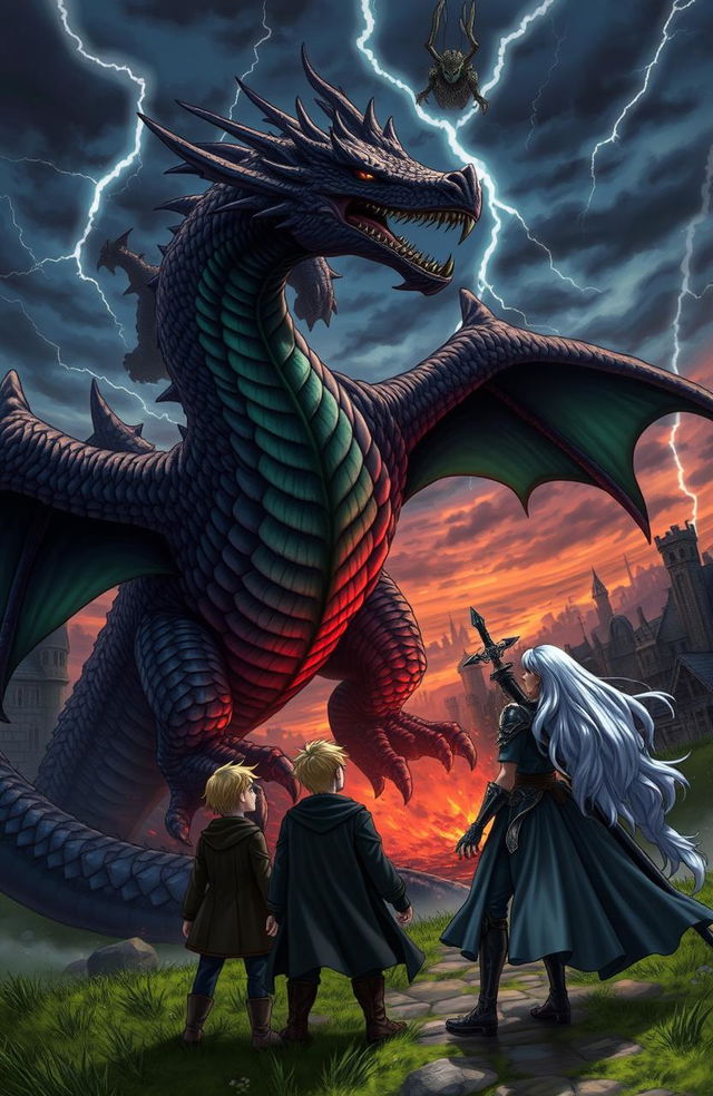 A dramatic scene of a fierce dragon attacking a town, with three brave individuals standing defiantly before it