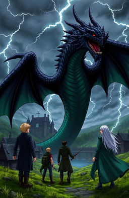 A dramatic scene of a fierce dragon attacking a town, with three brave individuals standing defiantly before it