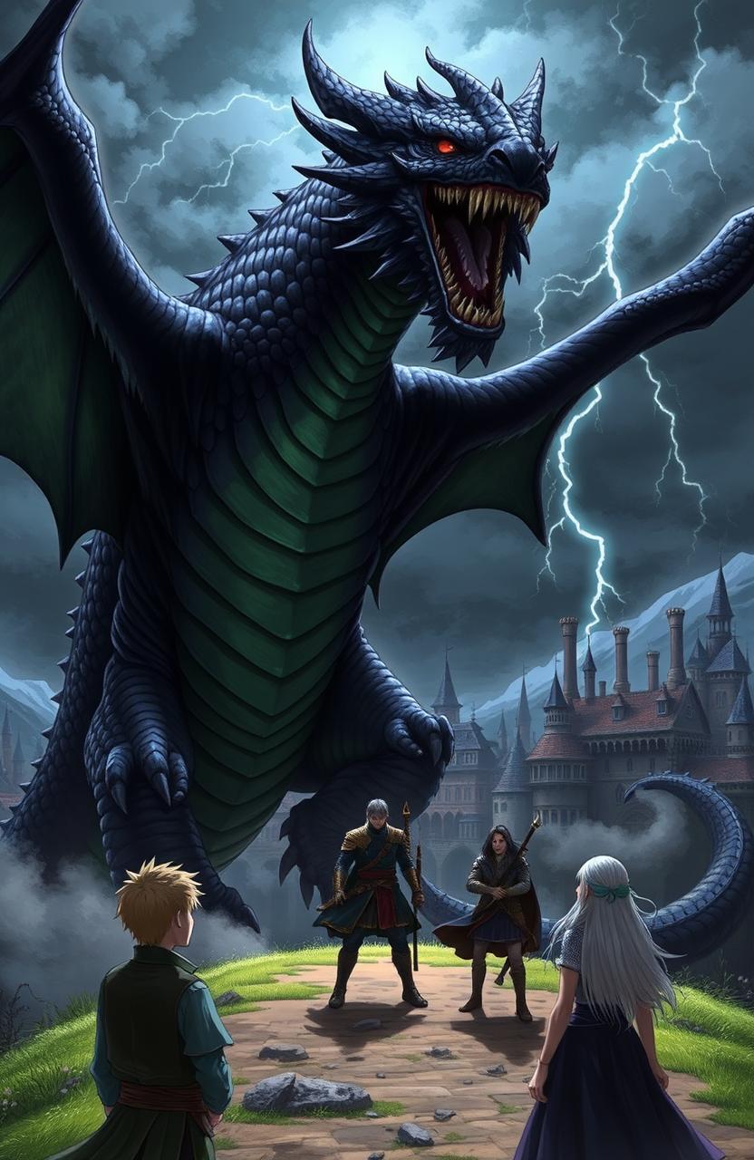 A dramatic scene of a fierce dragon attacking a town, with three brave individuals standing defiantly before it