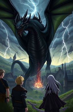 A dramatic scene of a fierce dragon attacking a town, with three brave individuals standing defiantly before it