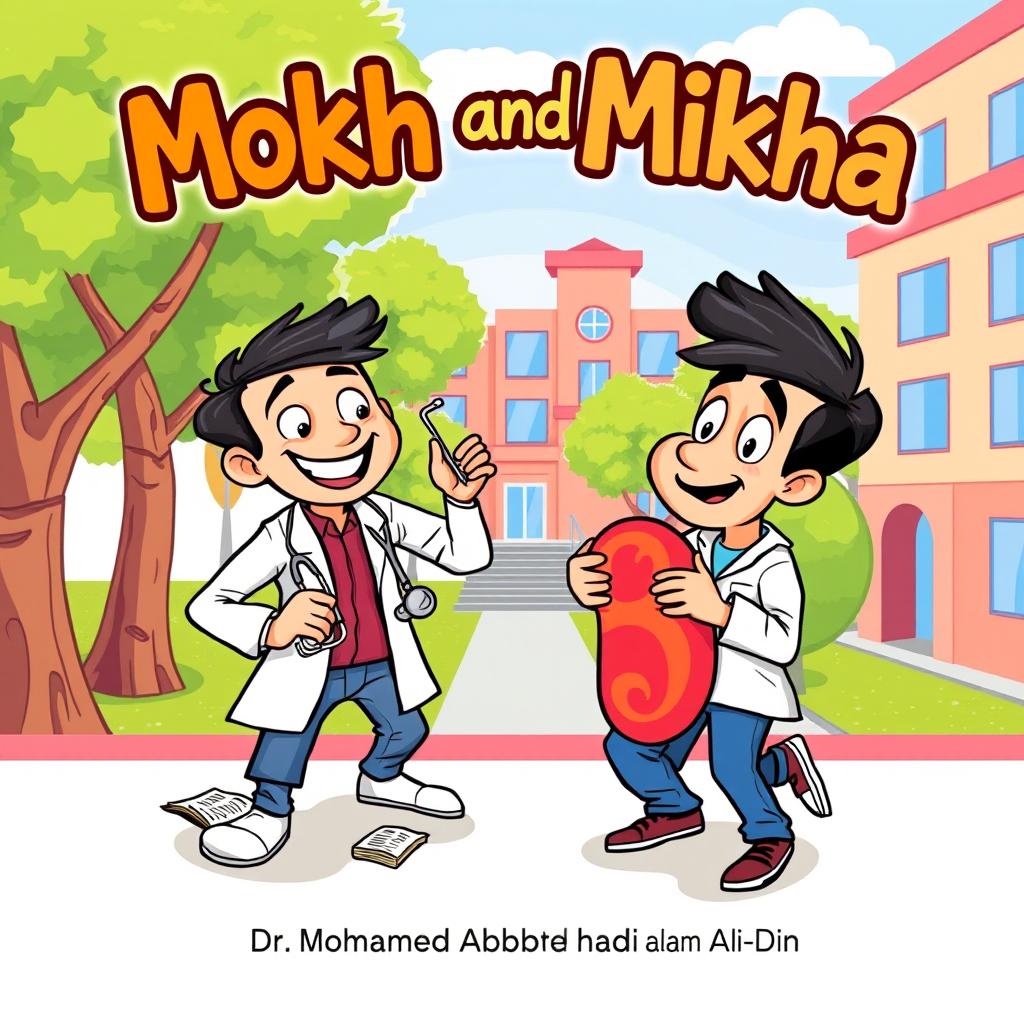 A vibrant book cover illustration for a story titled 'Mokh and Mikha' by Dr