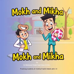 A vibrant book cover illustration for a story titled 'Mokh and Mikha' by Dr