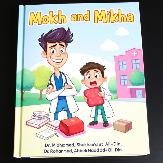 A vibrant book cover illustration for a story titled 'Mokh and Mikha' by Dr