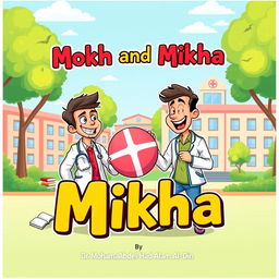 A vibrant book cover illustration for a story titled 'Mokh and Mikha' by Dr