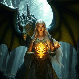 A majestic large dragon with green and black scales standing protectively behind an elven woman